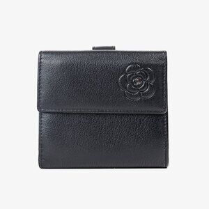 Chanel Camellia Black Leather Compact Wallet